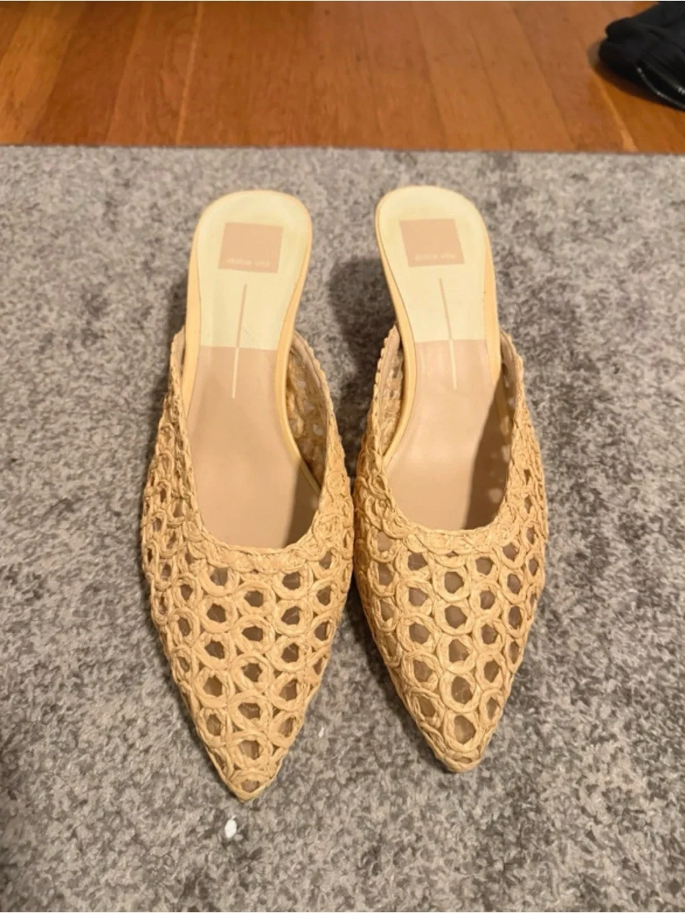 Dolce Vita Natural Raffia Pointed Slip-On Mules - Beige